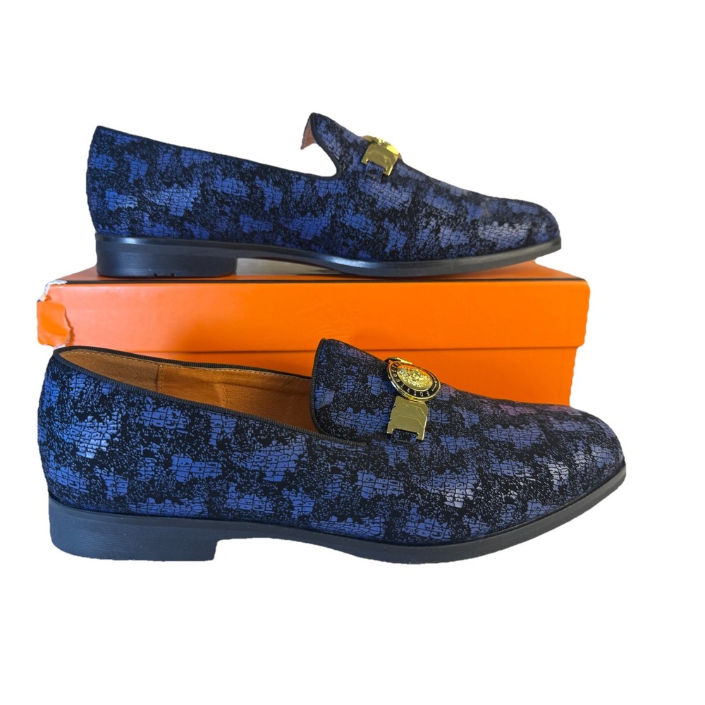FOEVTRUE Men's Slip On Dress Loafers 10.5 Black Blue Gold Medallion Buckle Forma